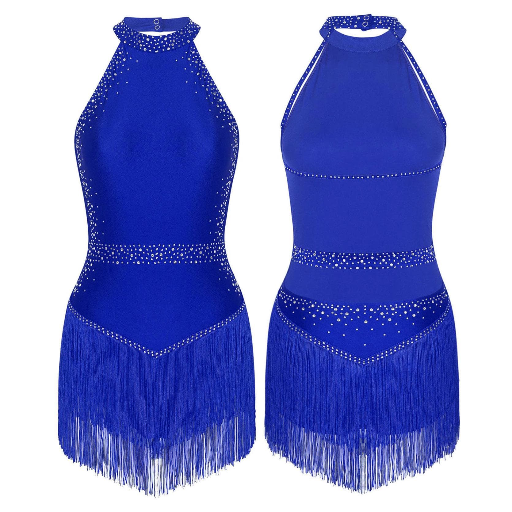 Women Fringe Leotard Dress Shiny Rhinestones Tassel Latin Dance Costumes Ballet Dance Competition Stage Costume XL royal blue