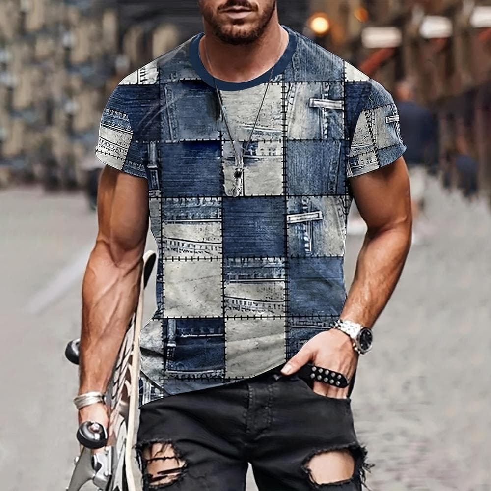 Men's T Shirt 3D Digital Patchwork Graphic Print Short Sleeve T-Shirts Comfy Casual Elastic Crew Neck Men Outdoor Activities Top XXS
