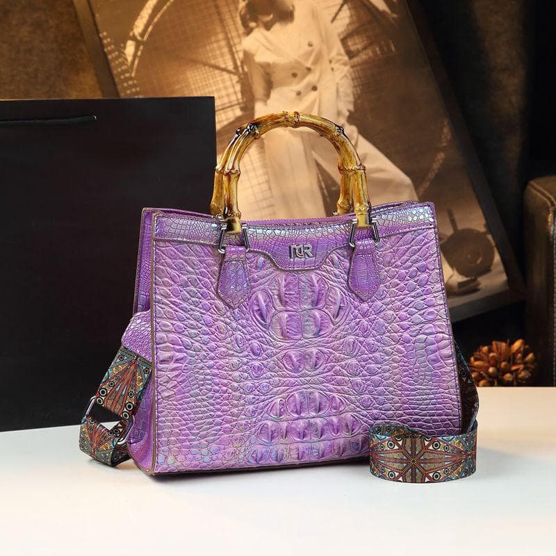 Crocodile Print Bag, High-end Style, Bamboo Joint Hand-held Tote Bag, Versatile Leather Women's Bag purple