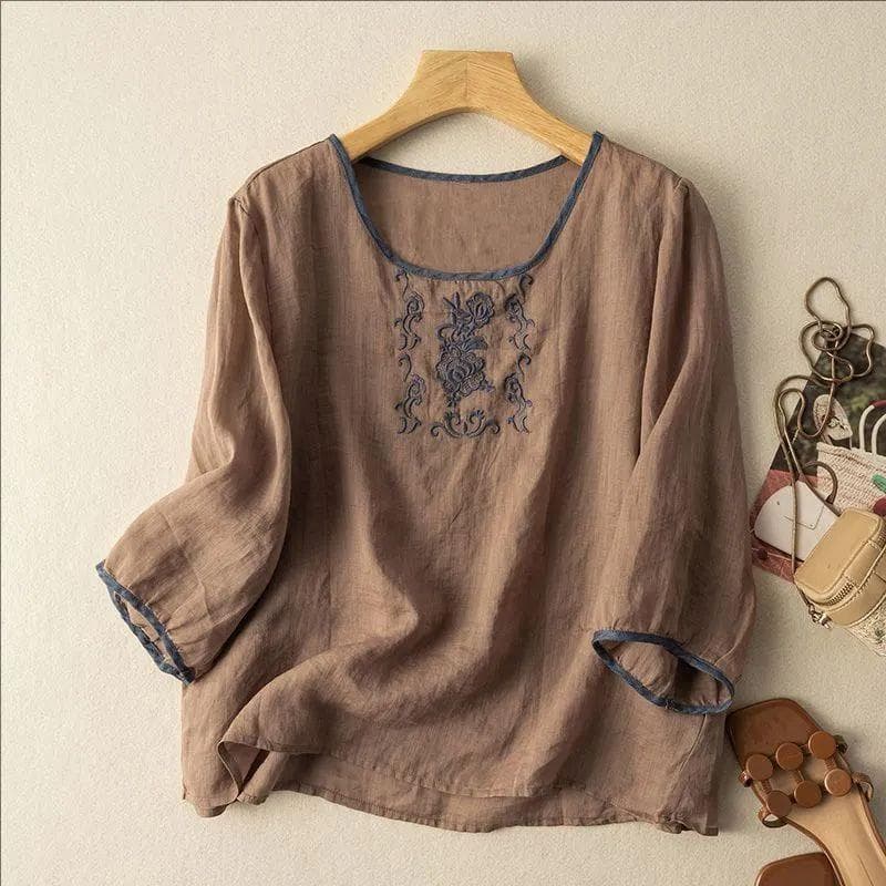 New Summer Cotton and Linen T-shirt for Women's Ethnic Style Casual and Versatile Embroidery Retro Top for Women's Tang Suit 3XL