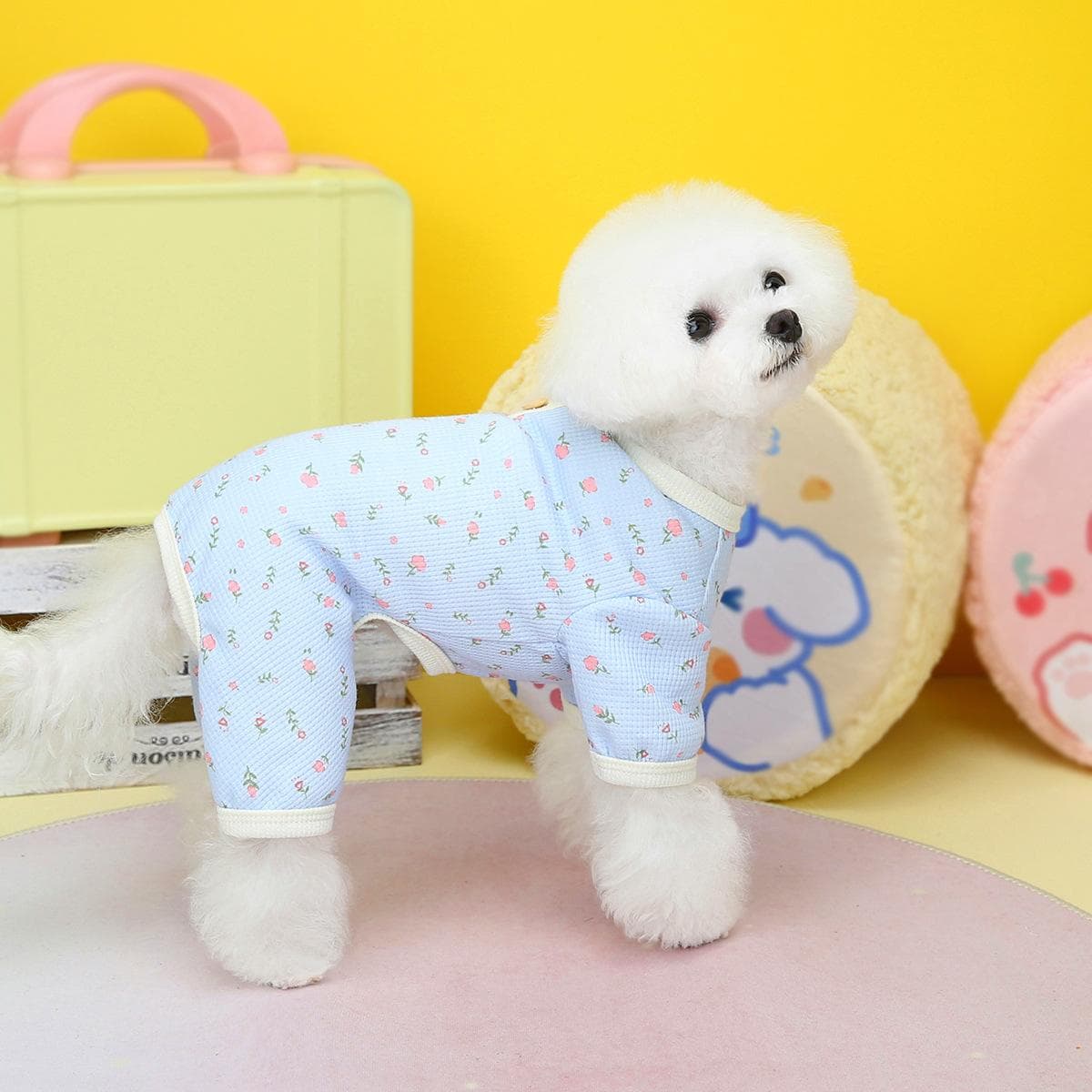 2023 Spring and Summer New Pet Clothes Dog Clothes Teddy Chenery Bichon Applicable Waffle Floral Home Clothes puppy clothes M blue