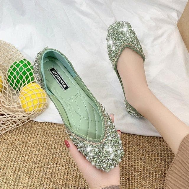Glitter Crystal Pearl Studs Ballet Shoes Women Square Toe Slip on Loafers Cozy Shallow Cut-out Ballerina Flats Moccasins Female 40 green
