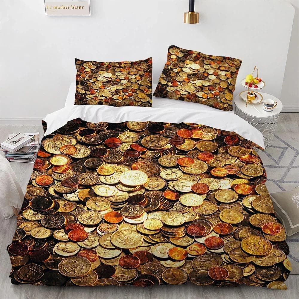 Money Duvet Cover Set Golden Coins Print Bedding Set Soft Comfortable Double Queen King Size Comforter Cover for Teens Adults 70x133cm 2pcs