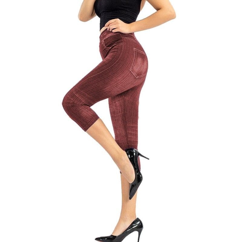 Women Denim Print Leggings Fashion Slim Leggings Faux Jeans Leggings Stretch Printed Short Leggins Pants XL red
