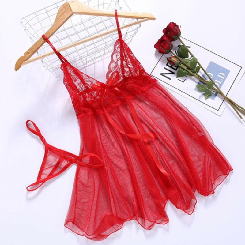 S-4XL Sexy Women Lace Babydoll Lingerie Nightdress See-through Sleepwear Nightwear Mini Dress XXXXL red