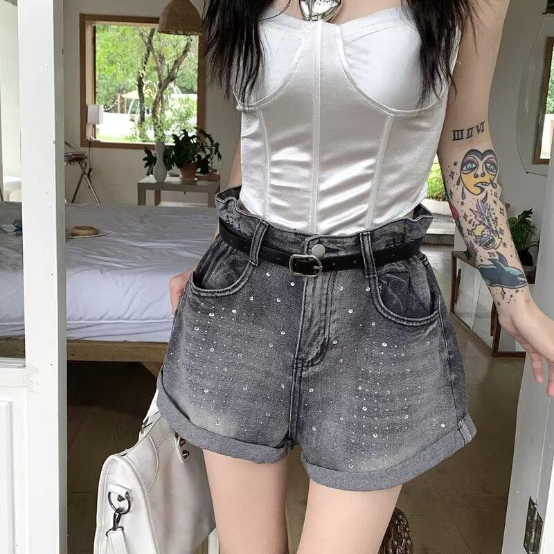 High Waist and Thin A Word Curled Edge Pants Fat Design Straight Wide Leg Pants White Hot Diamond Shorts Summer New 3XL