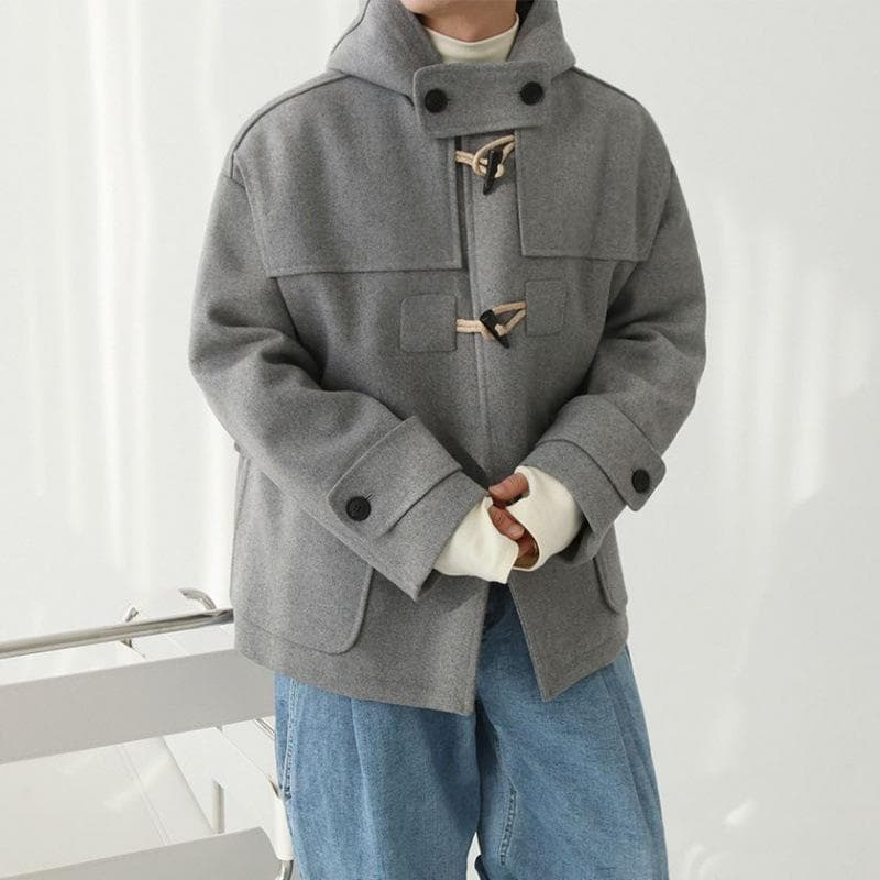 Set of Men's Autumn and Winter Warm Cotton Clothes Korean Version Loose Horn Buckle Short Woolen Coat M