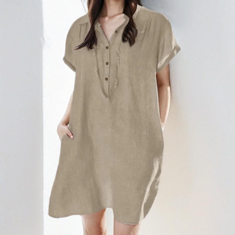 Spring New Women's Shirt Collar Pocket Casual Straight Dress 3XL