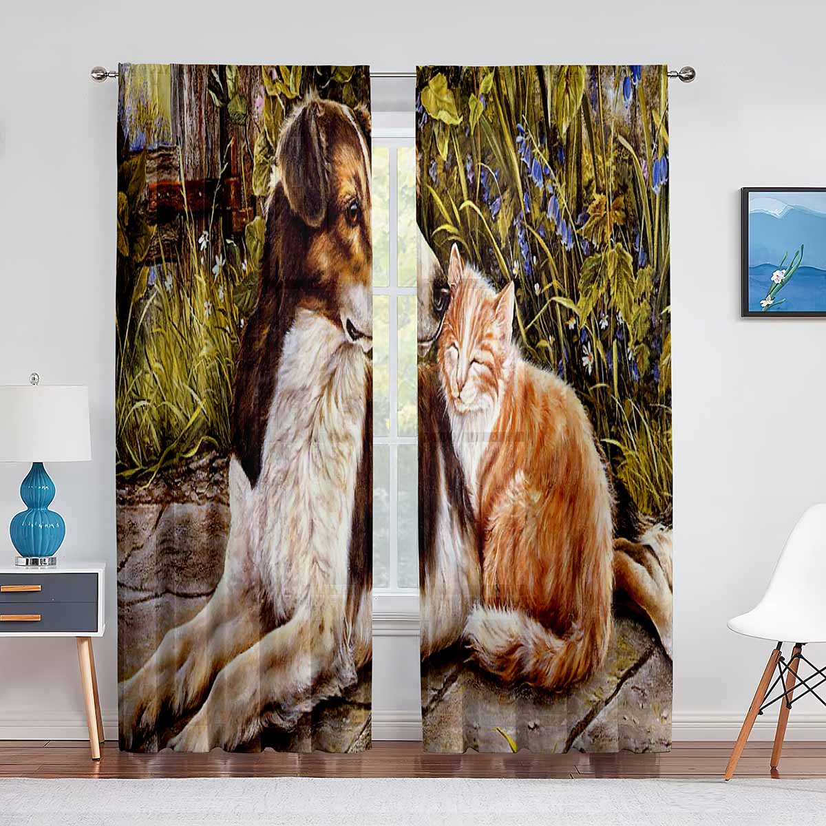 Dog Funny Abstract Oil Painting Colorful Pet Tulle Curtain for Living Room Bedroom Decoration Chiffon Sheer Voile Window Curtain 1 PCS W100XH250cm&Grommet Top