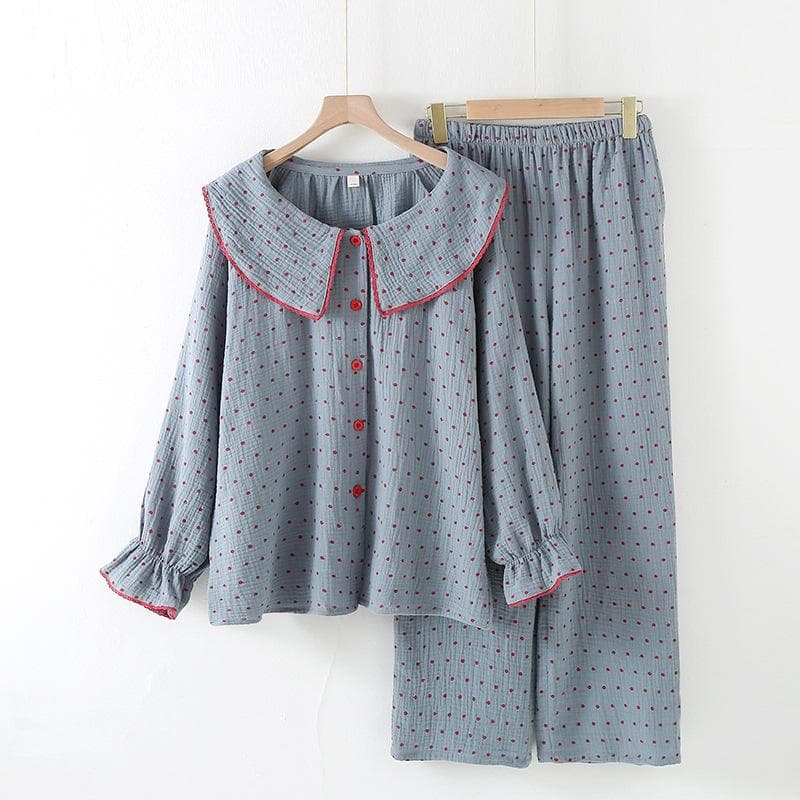 Autumn Korean Pajamas Women Cute Sweet Doll Collar Polka Dot Printed Cotton Long Sleeved Long Pants Comfortable Home Clothes XL blue