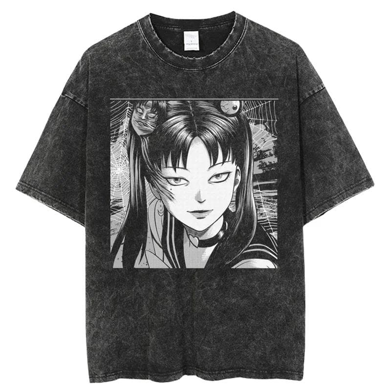 Oversize Acid TShirt For Men Women Thriller Comic Graphics TShirt Washed Kawakami Tomie Anime Top Tees Streetwear XL