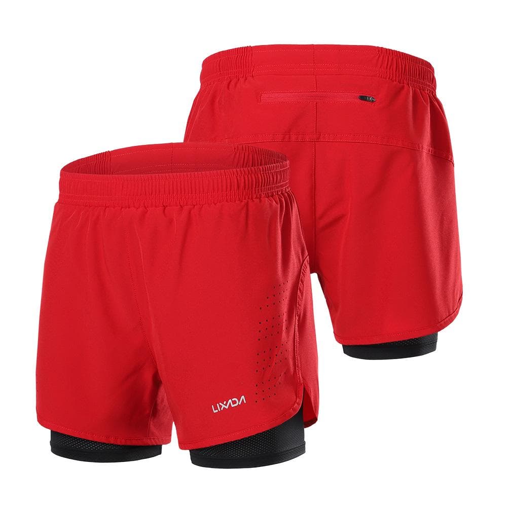 Lixada Men's 2-in-1 Running Shorts Quick Drying Breathable Active Training Exercise Jogging Cycling XXL red