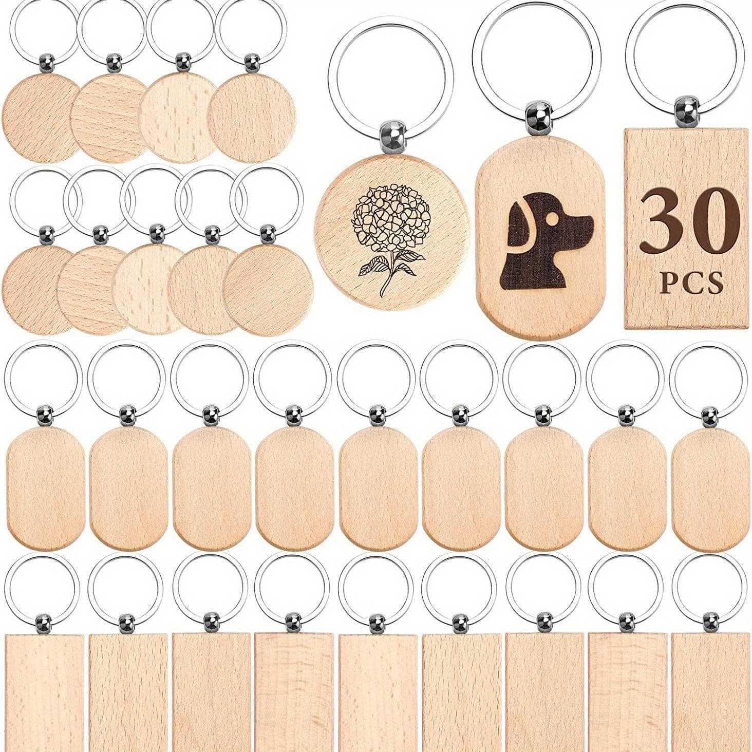 30pcs Wood Keychain Blanks, 3 Shapes Laser Engraving Blanks Key Chain, Wood Keychains Bulk for DIY Crafts Gift, Various Keychains and Key Tags 30pcs