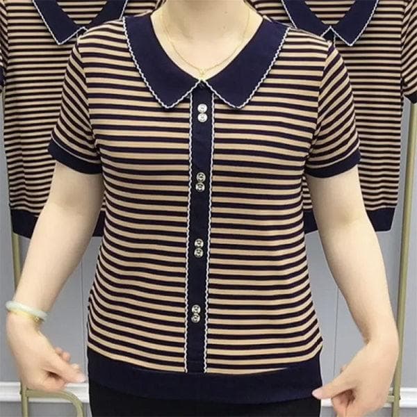 Striped Short-sleeved Doll Collar Top In Summer Korean Version of Mother Dress Contrast Color To Cover Belly and Make It Look Slim Button T-shirt XL brown