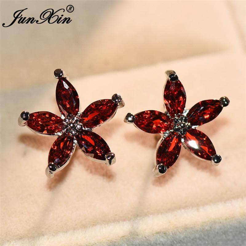 5 Colors Zircon Five-pointed Star Floral Stud Earrings Silver Color Jewelery red
