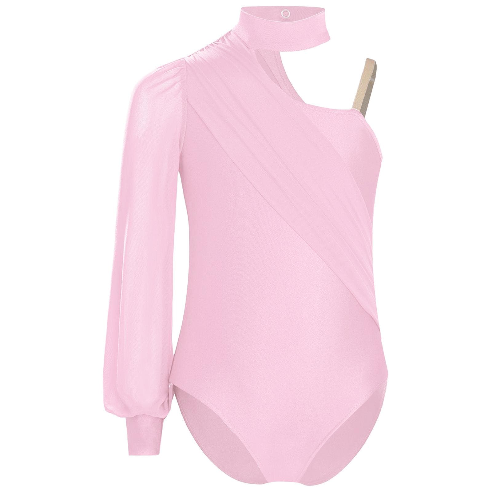 Girls One Shoulder Dance Leotard Mock Neck Long Sleeve Ruched Mesh Bodysuit for Stage Performances Competitions 13-14 Years pink
