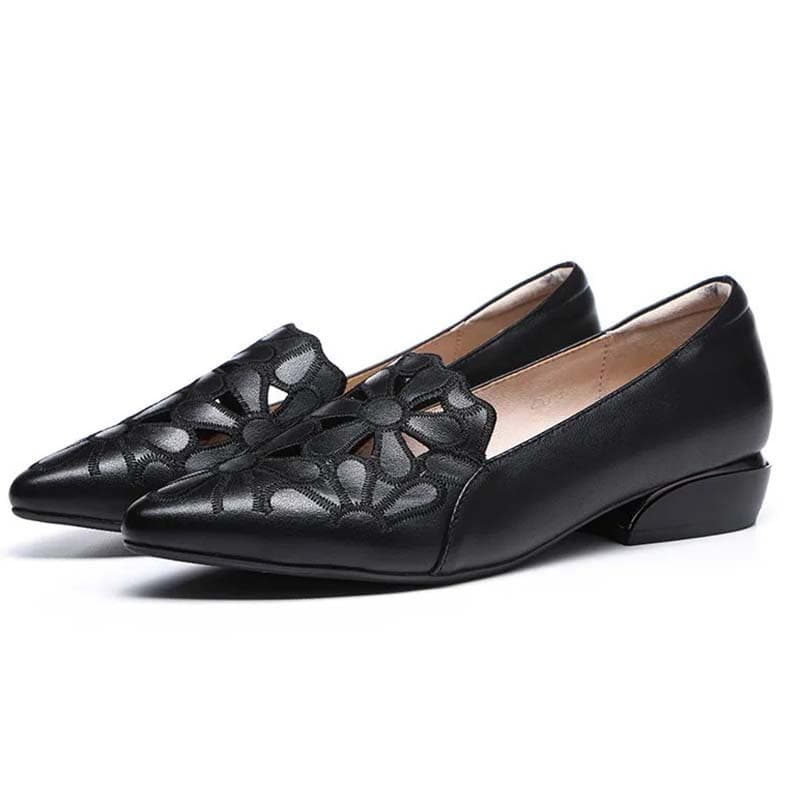 Soft Leather Carved Hollow Women's Leather Shoes Moccasin Work Shoes Cusp Thick Heel Soft Sole Sandals Comfortable Fashion Spring Summer 35 black