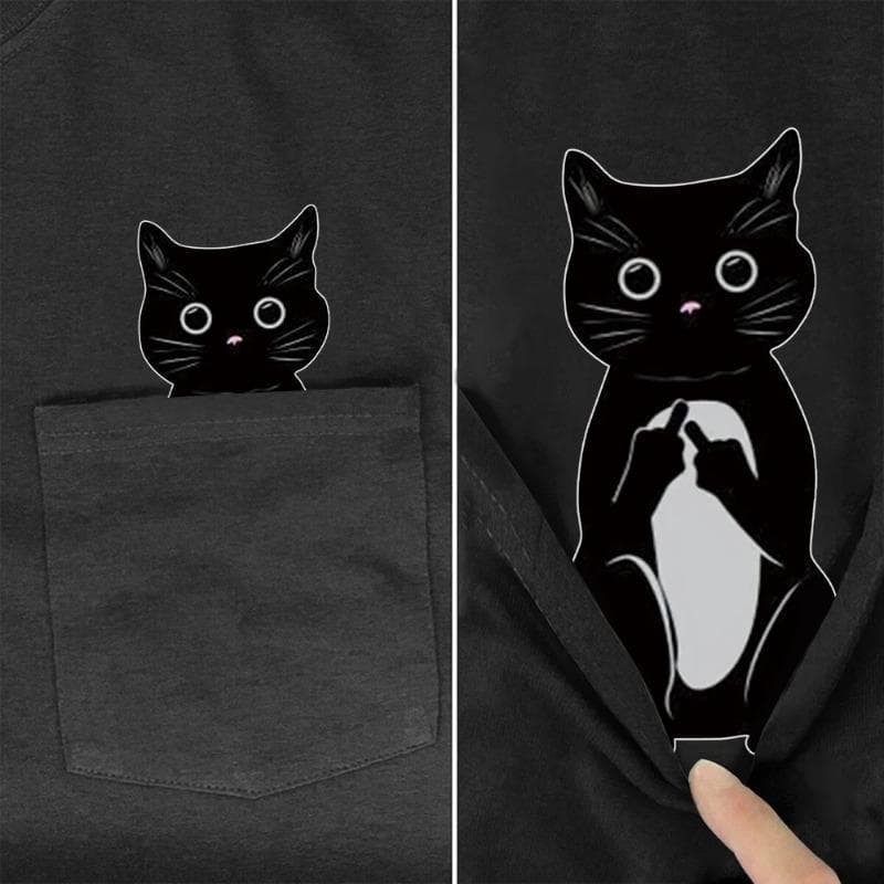 Animal Cotton T-Shirts Cartoon Black Cat Double Middle Finger Pocket T-shirt Mens Short Sleeve T-Shirts Men’s XXL