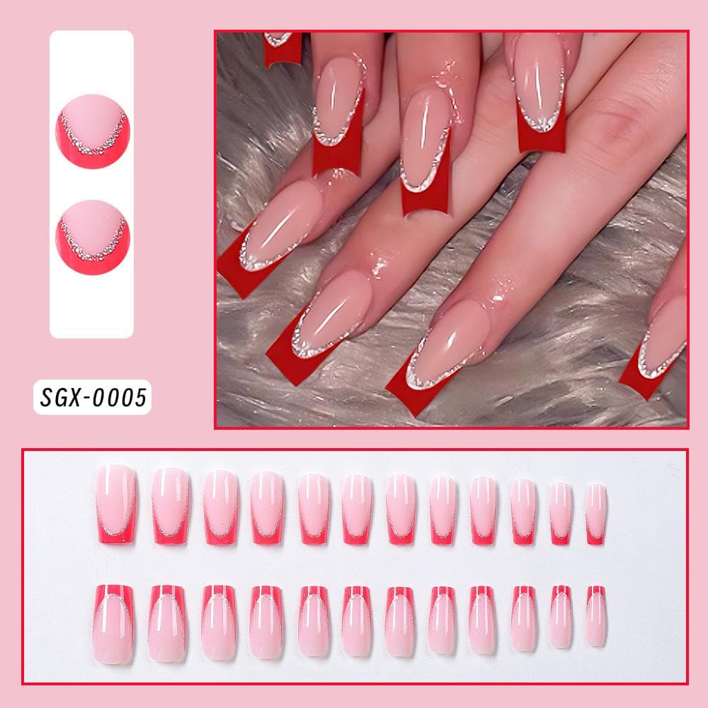 24pcs Long Coffin-Shaped White French Manicure Fake Nails Press On Nails Elegant Style For Women Girls For Daily Wear Or Parties Nail Supplies red