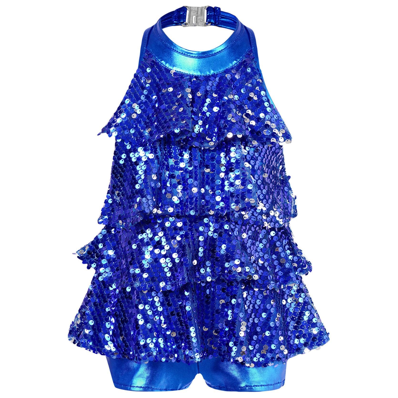 Kids Shiny Sequins Gymnastics Shorty Unitards Dress Girls Ballet Leotard Latin Jazz Dance Costume 3-4 Years royal blue