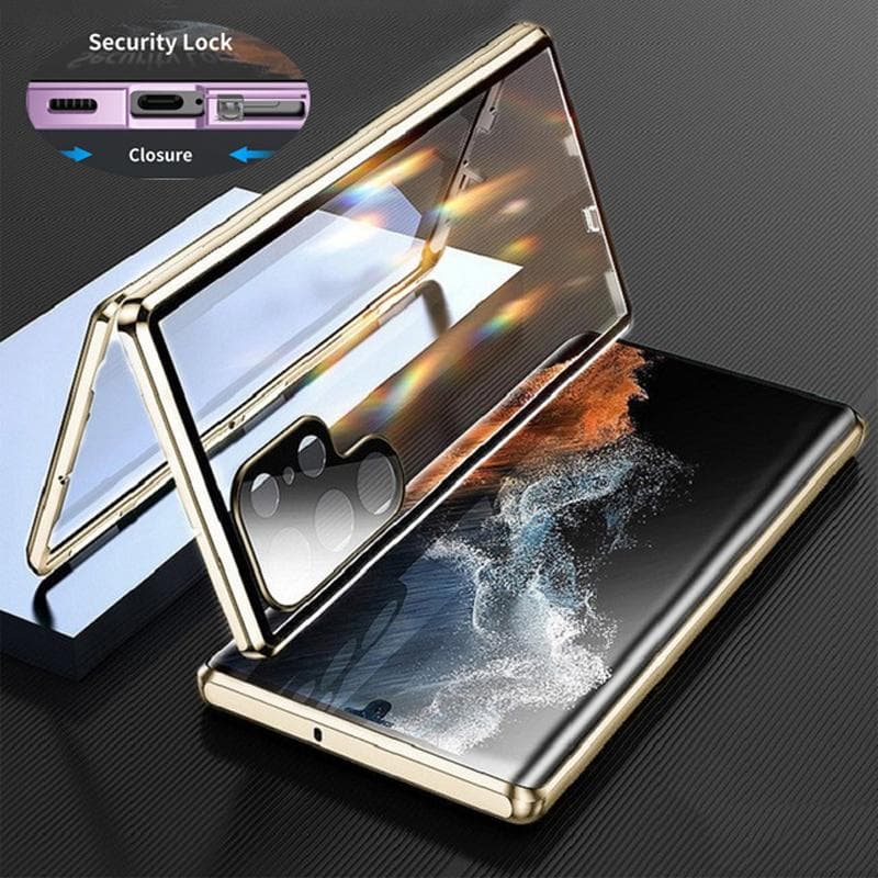 360 Full Protection Metal Magnetic Double-sided Glass Case For Samsung Galaxy S25 S24 S23 FE S22 Ultra S21 Plus Lens Protection Snap Lock Cover For Samsung S24 gold