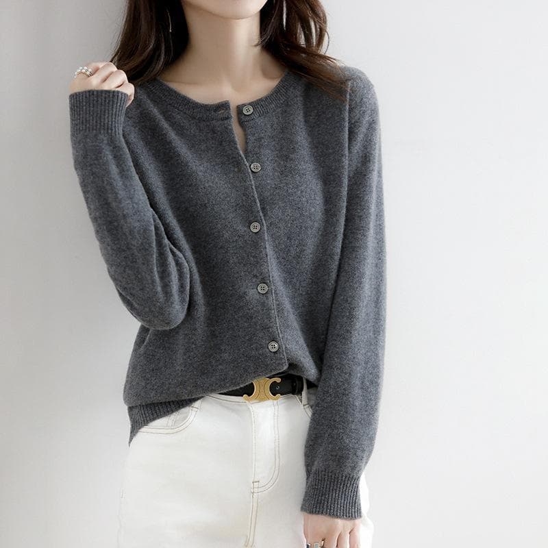 Spring and Autumn knitted sweater women's cardigan jacket solid color round neck Slim knitted outer sweater L dark grey