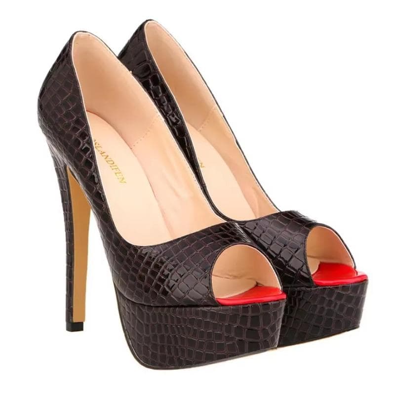 Women Sexy Pumps Shoes Peep Toe Platform High Heels New 14cm Crocodile Pattern Shallow Party Dress Work Ladies Red Wedding Shoes 38 coffee