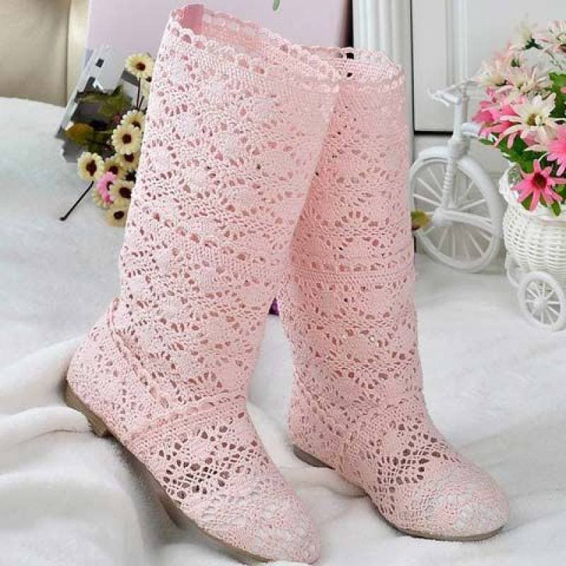 Lace Hollow Boots Shoes Breathable Knit Line Mesh Korean High Summer Women Boots Knee High Womens Shoes 37 pink