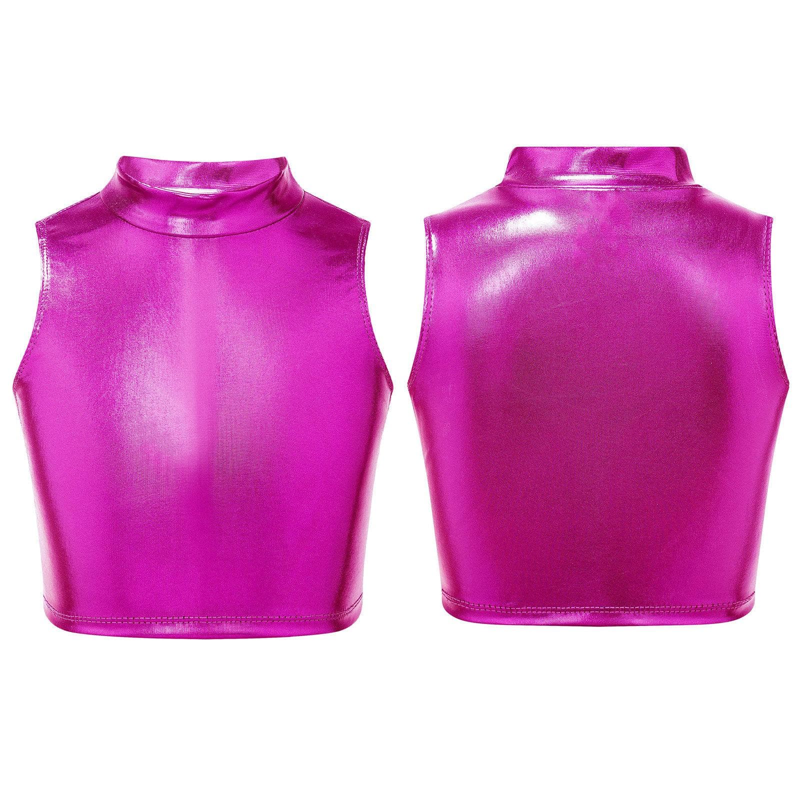 Big Girls Shiny Metallic High Turtleneck Cropped Tank Top Cami Tees for Yoga Dance Gym Sport Bra 15-16 Years rose red