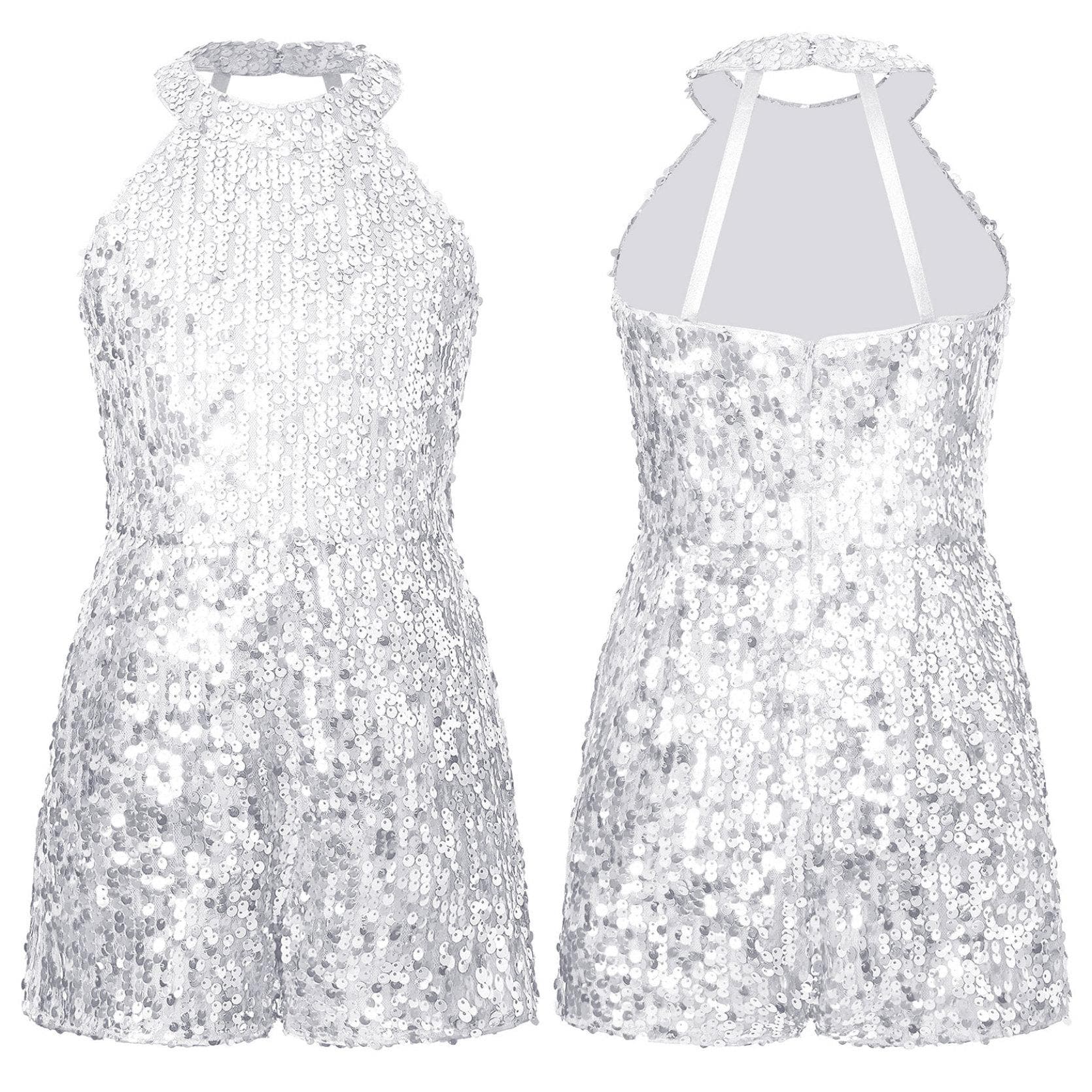 Girls Jazz Dance Costume Halter Shiny Sequins Leotard Sleeveless Short Jumpsuit Stage Performance Clothes 11-12 Years silver