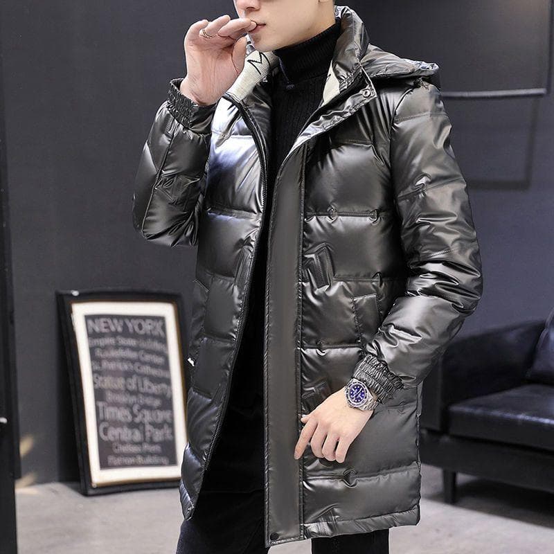 Down Jacket with Shiny Surface Medium To Long Length Warm and Thick Winter Men's Plus Size Jacket 5XL gray