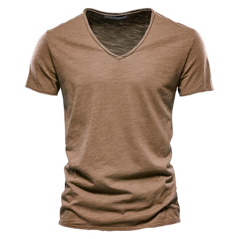 AIOPESON Summer 100% Cotton Elasticity T Shirt Men Casual Soft Fitness Shirt Men T Shirt Tops Tee Shirts V-Neck Short Sleeve Tshirt Men L camel