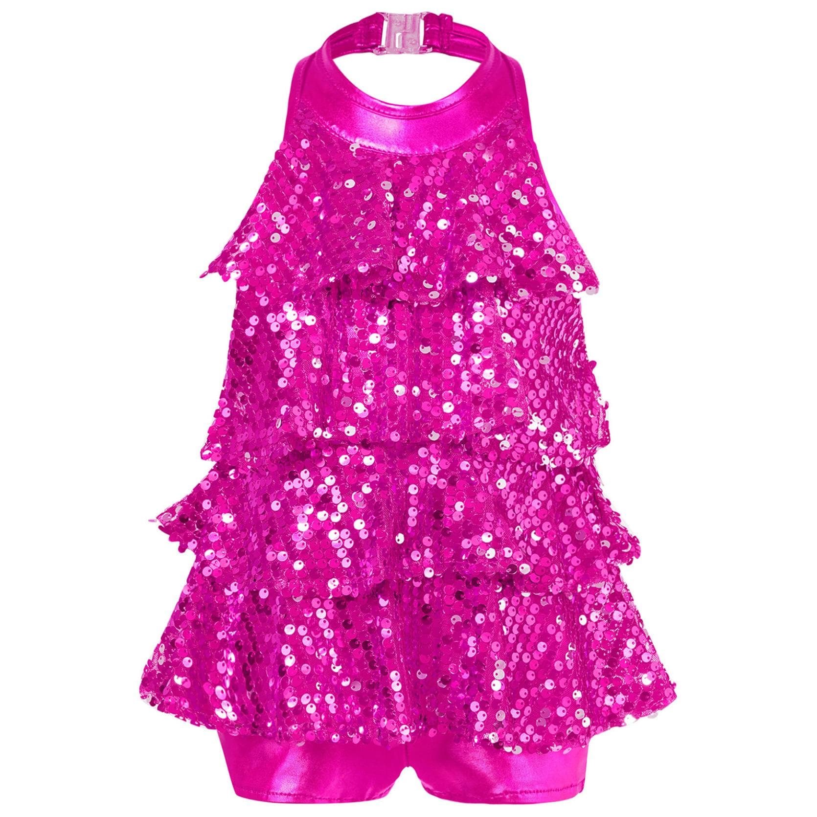 Kids Shiny Sequins Gymnastics Shorty Unitards Dress Girls Ballet Leotard Latin Jazz Dance Costume 13-14 Years Rose