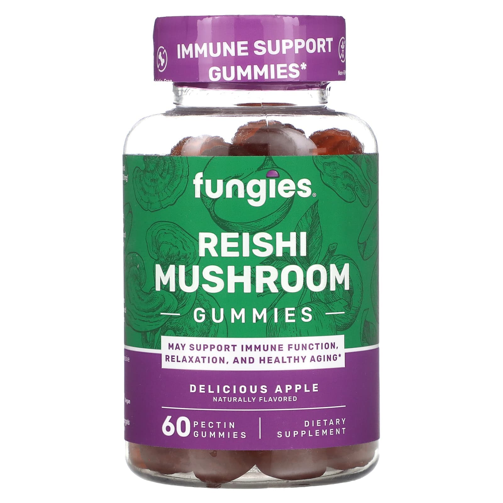Fungies, reishi mushroom gummies, delicious apples, 60 pectin gummies