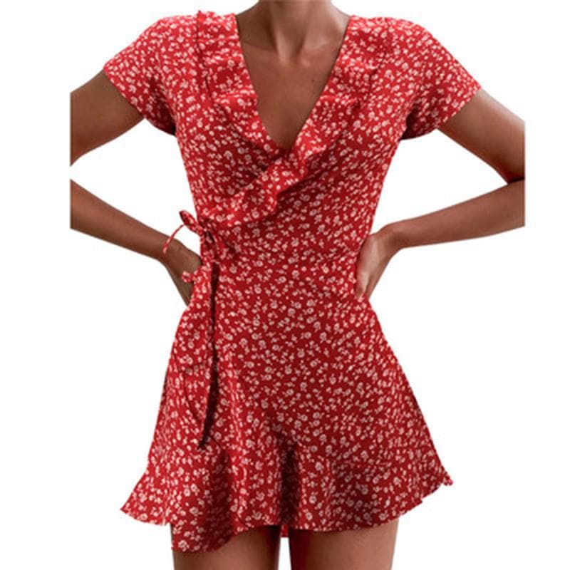 Summer Women’s Floal A-Line Dress Sweet Elegant Floral Ruffles V-neck Bandage Short Dress for Lady Chic Flowers Mini Dress M red
