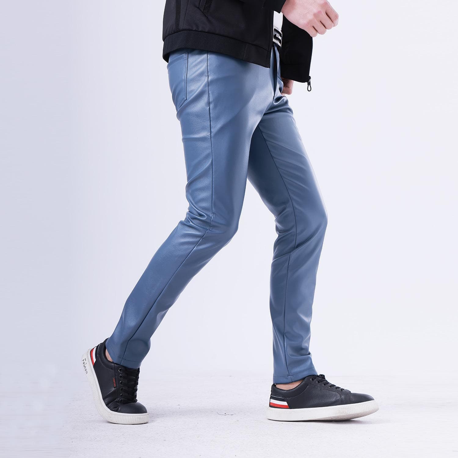 Thin Leather Pants Men's Moto Pants Spring Summer Fashion Color Elastic Slim Fit PU Trousers Windproof Waterproof Man Bottoms 28 blue