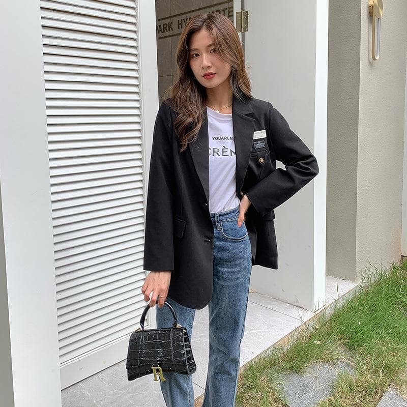 Spring New Blazer for Women Korean Style Straight Casual Loose Fashionable Temperament Slim Small Suit Top 2XL black