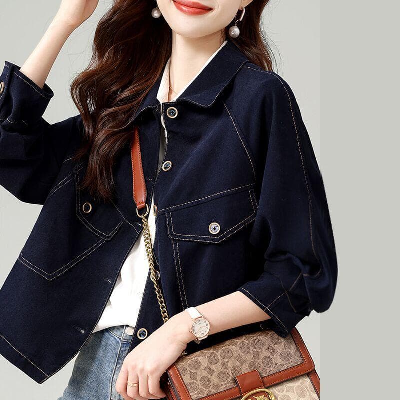 New Short Jacket for Women Autumn Loose Quarter Sleeve Ragdoll Sleeve Loose Polo Neck Denim Jacket Top XXL