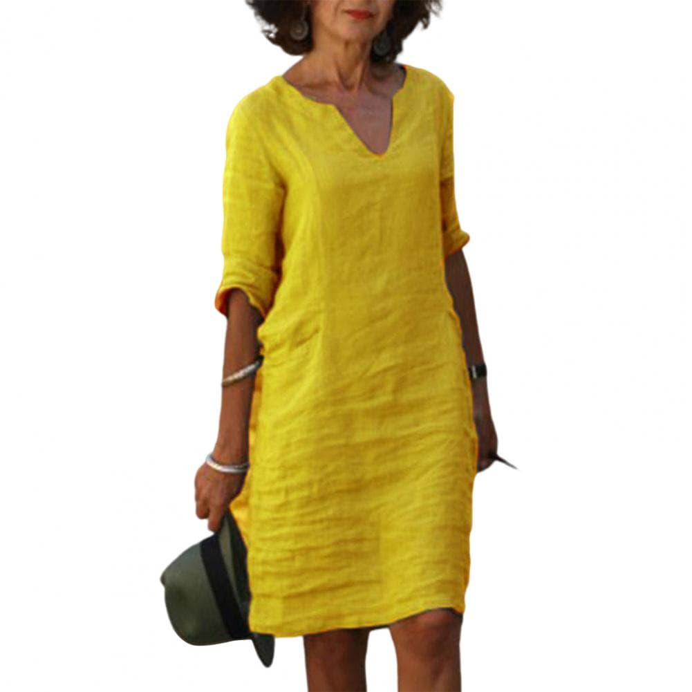 Summer Lady Dress V Neck Three Quarter Sleeves Loose Solid Color Knee Length Simple Style Daily Wear Commute Midi Dress M yellow