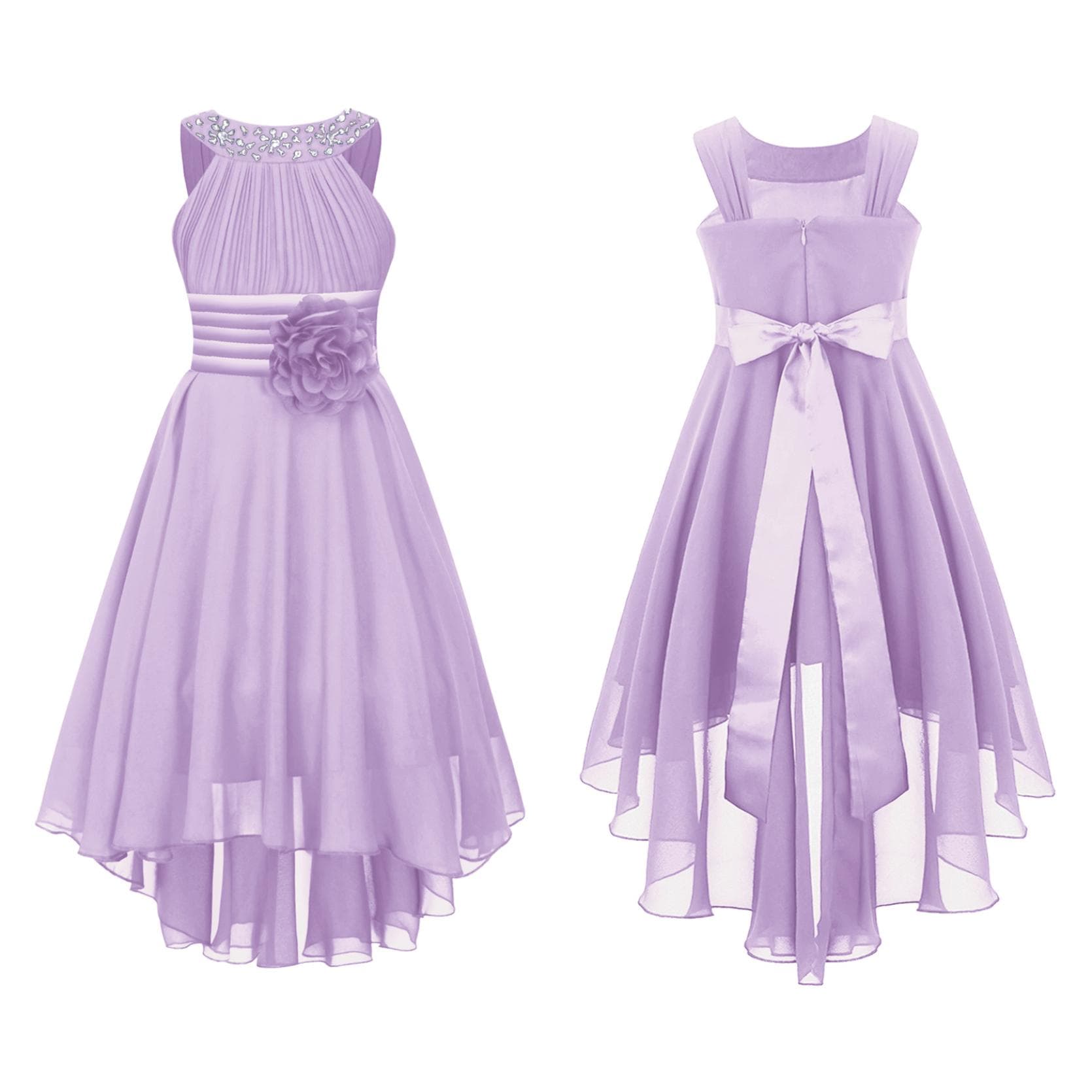 Kids Wedding Flower Girls Party Dress Sleeveless Shiny Beaded Hi-low Hem Elegant Chiffon Dress for Birthday Evening Prom 11-12 Years lavender