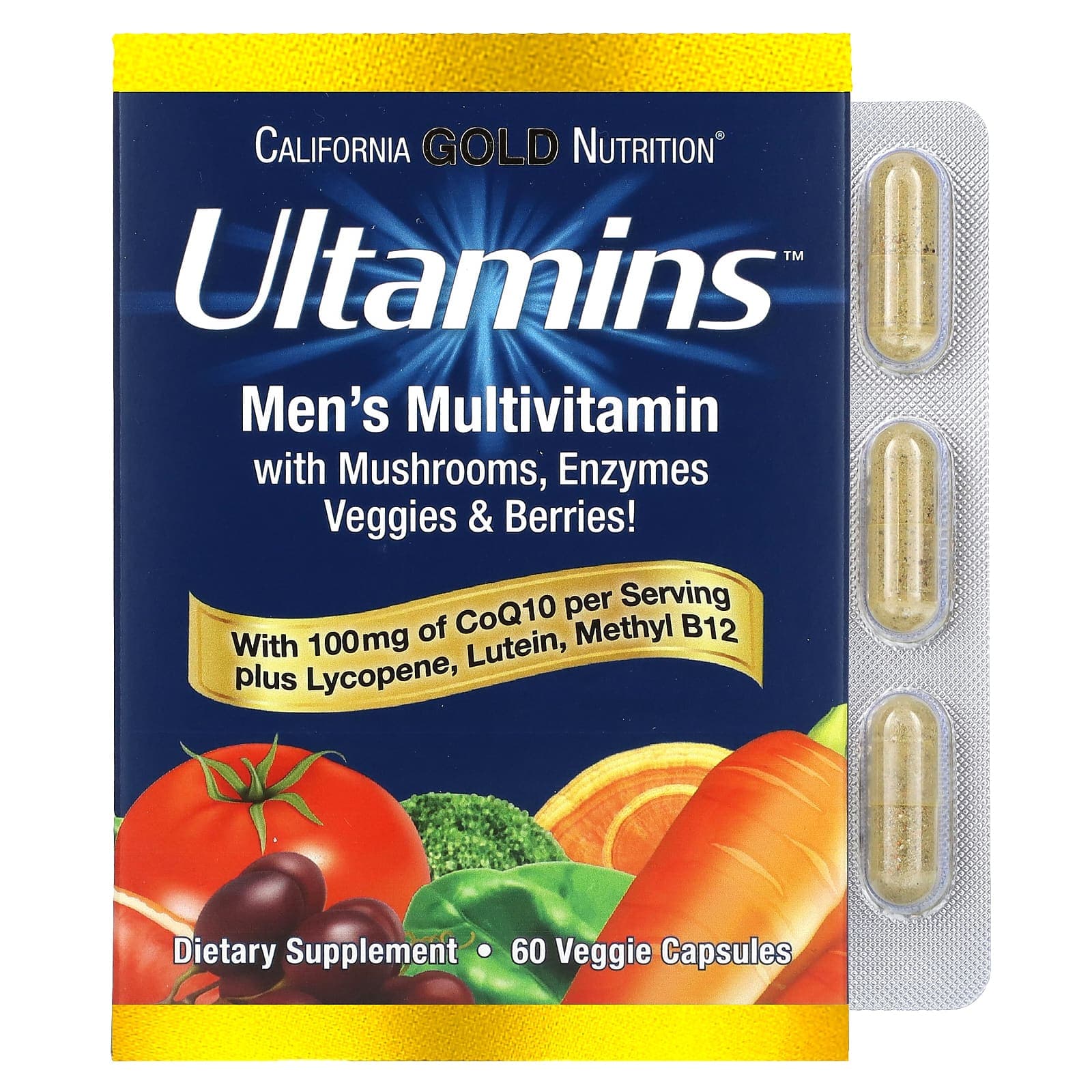 California Gold Nutrition, Ultamins Men's Multivitamin with CoQ10, Mushrooms, Enzymes, Vegetables and Berries, 60 Veggie Capsules