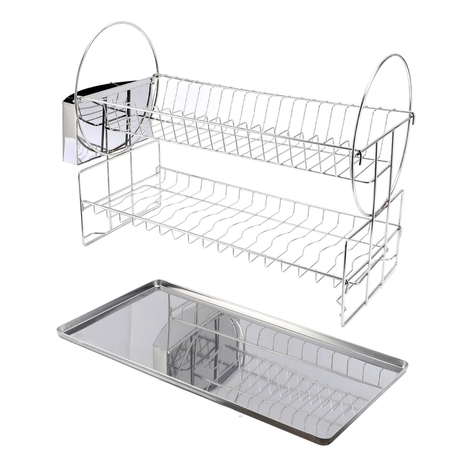 2 Tier Dish Drying Rack Stainless Steel Double Layers Dish Drainer with Cutlery Holder for Kitchen