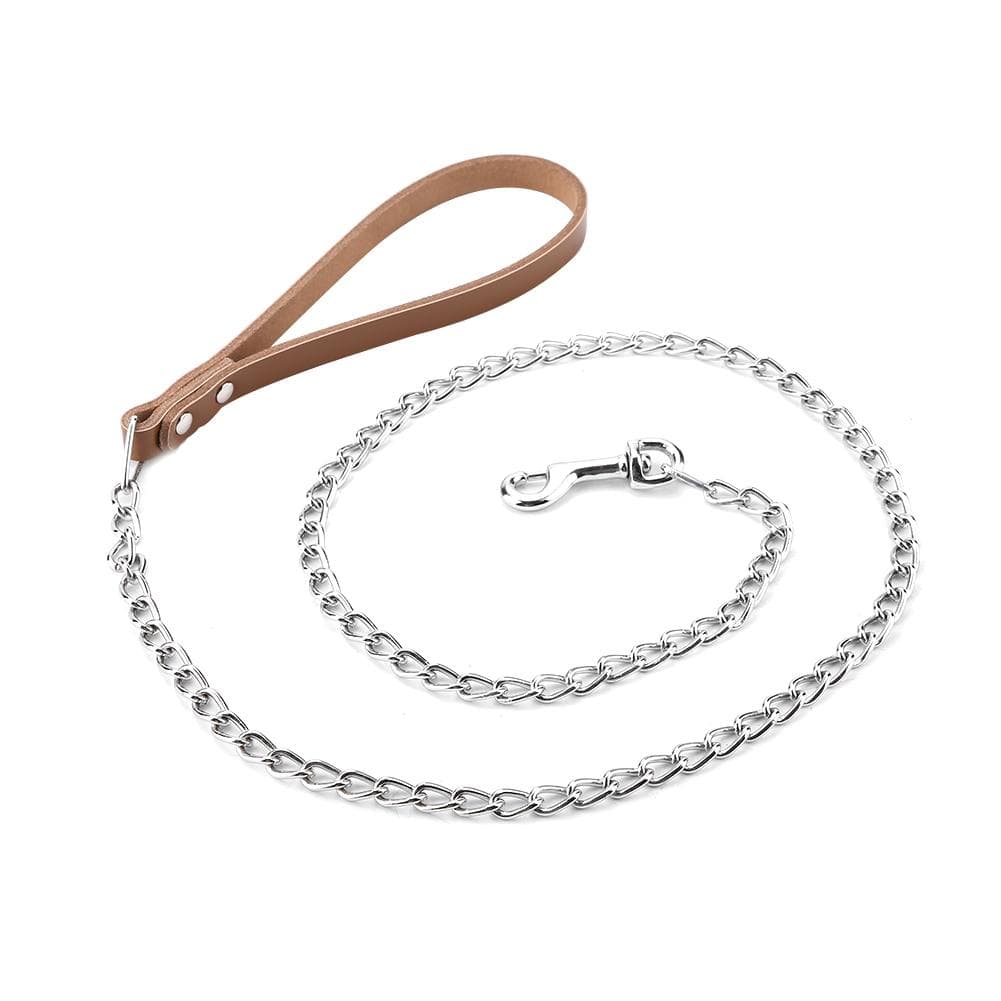 Metal Dog Leash Training Collar Rope Strap with PU Handle (Brown)