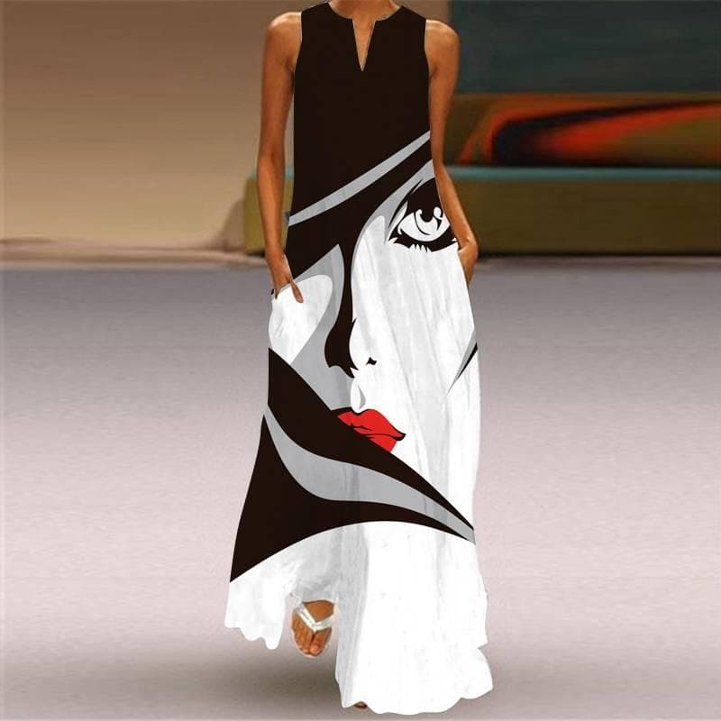 Summer Women's Dress Sleeveless Dress V-neck Print Dress XXL