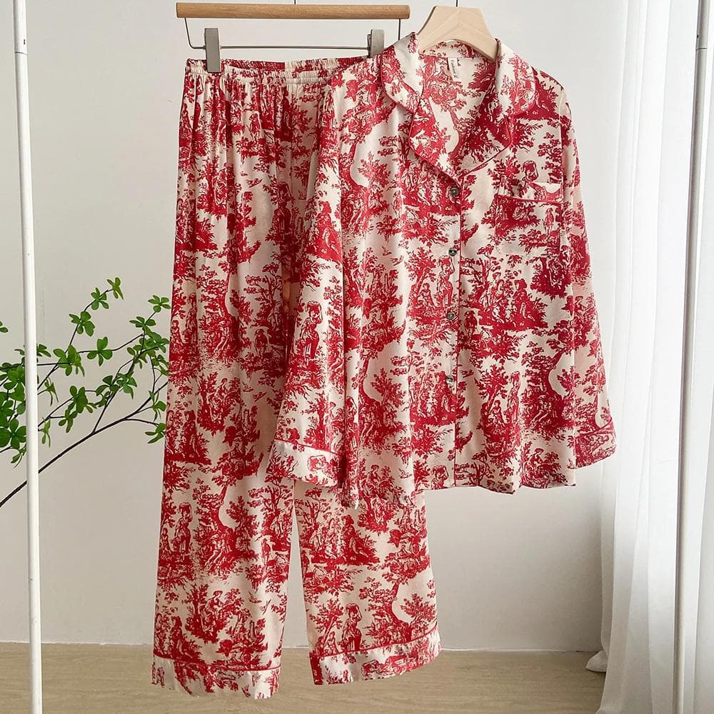 Women's Pajamas Printed Flowers Home Clothes Sexy Underwear Pajamas Pants Set Spring and Autumn Loose Satin Home Clothes M red