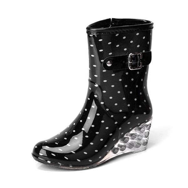 Women's Buckle Side Zipper High Heel Rain Boots Female Non Slip Plus Size Printed Casual Water Shoes 37