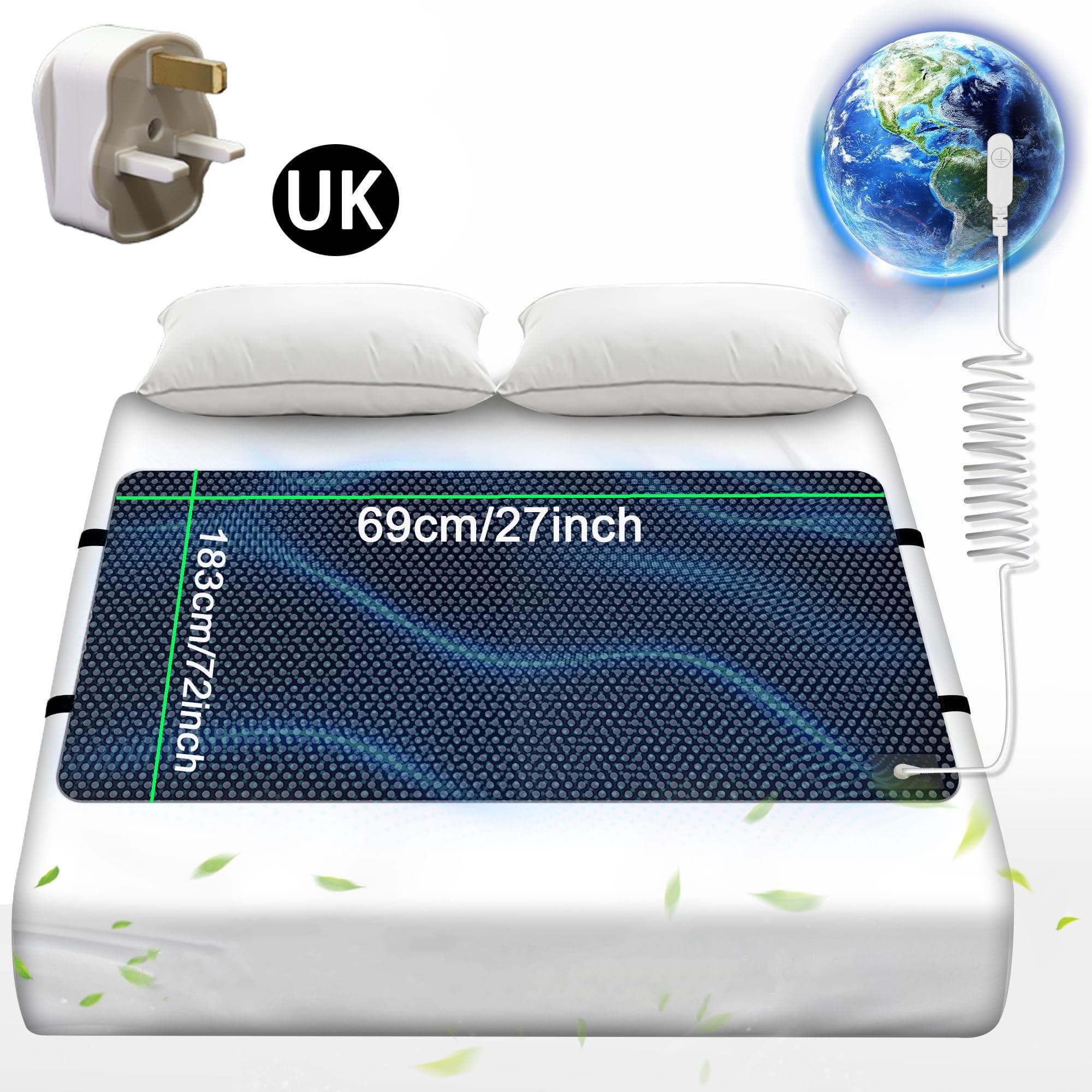 Grounding Mat for Bed, Grounding Pad for Sleep, Anti-Slip PU Leather Grounding Mattress with Grounding Cord, 27''×72‘’, California King UK Plug black