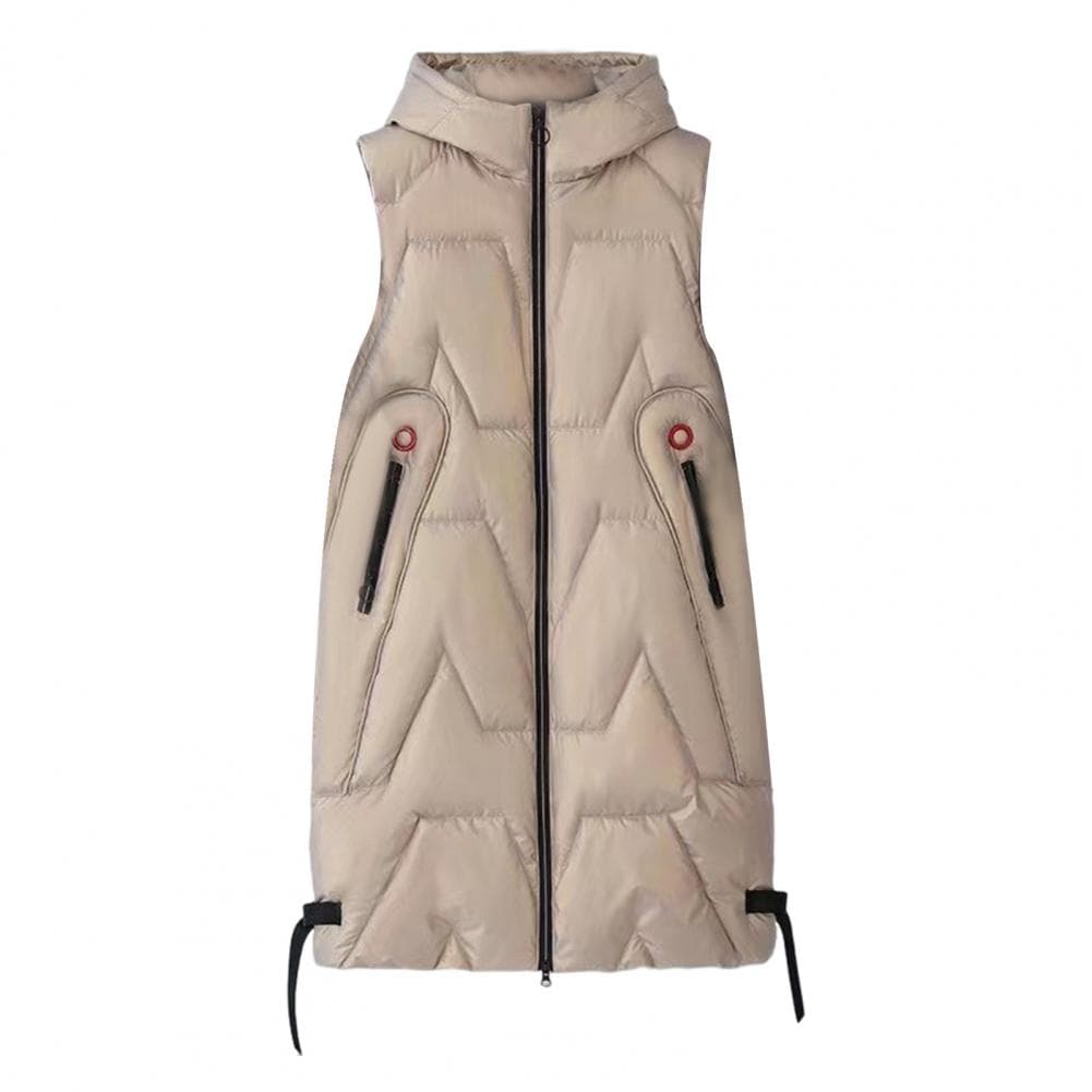 Women Winter Waistcoat Hooded Thick Sleeveless Glossy Surface Padded with Pockets Zipper Closure Mid Length Outdoor Coat XL champagne
