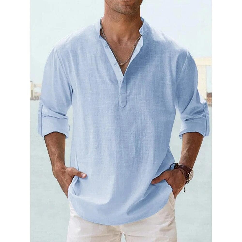 New Cotton Linen Shirts for Men Casual Shirts Lightweight Long Sleeve Henley Beach Shirts Hawaiian T Shirts for Men Streetwear US S 50-60 KG blue