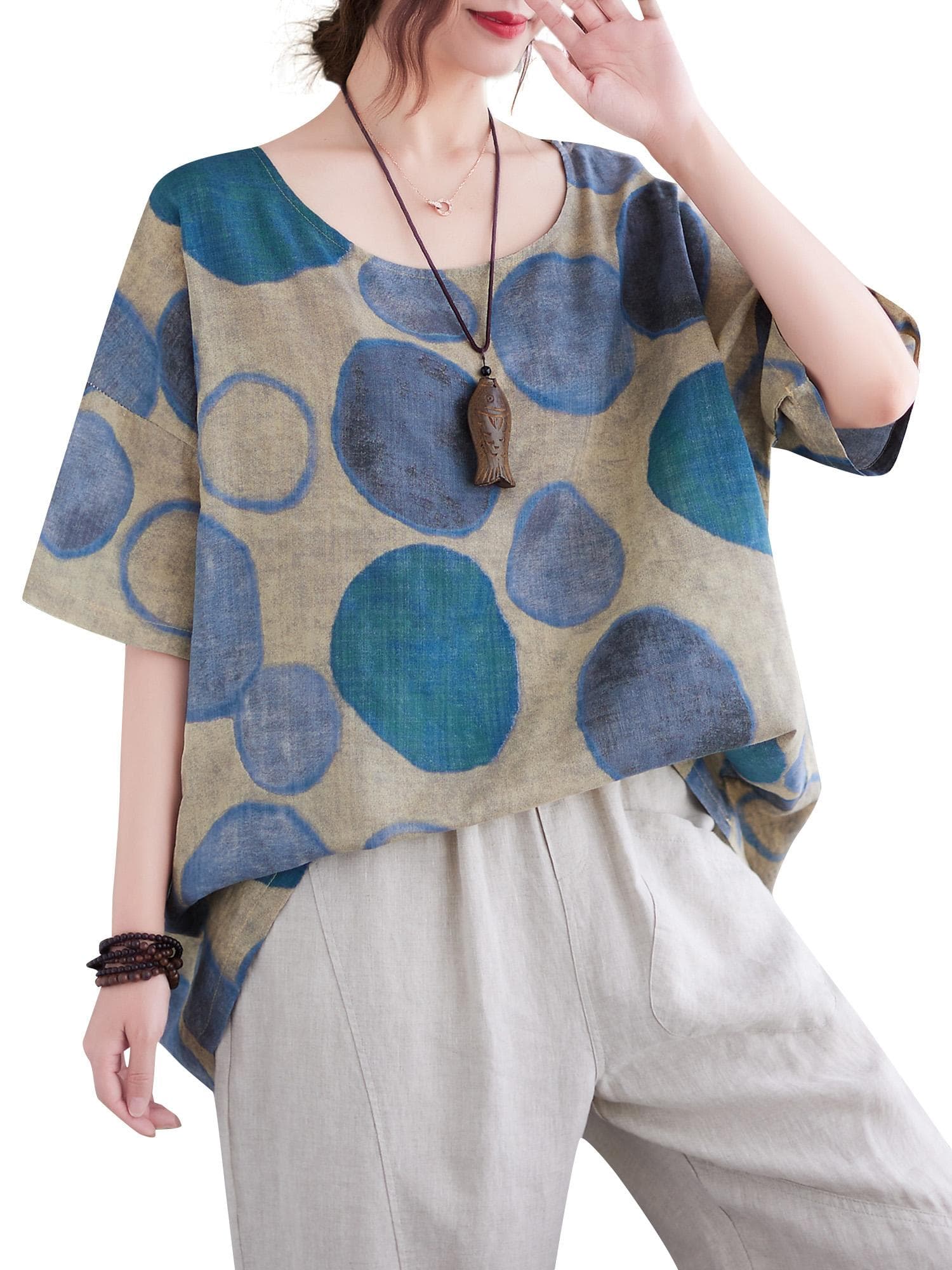 Women Loose Blouse Printed Half Sleeve O Neck Vintage Casual Shirts One Size blue